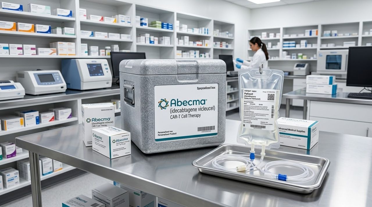 Abecma idecabtagene vicleucel CAR-T cell therapy specialized cold-chain shipping box, specialty pharmacy