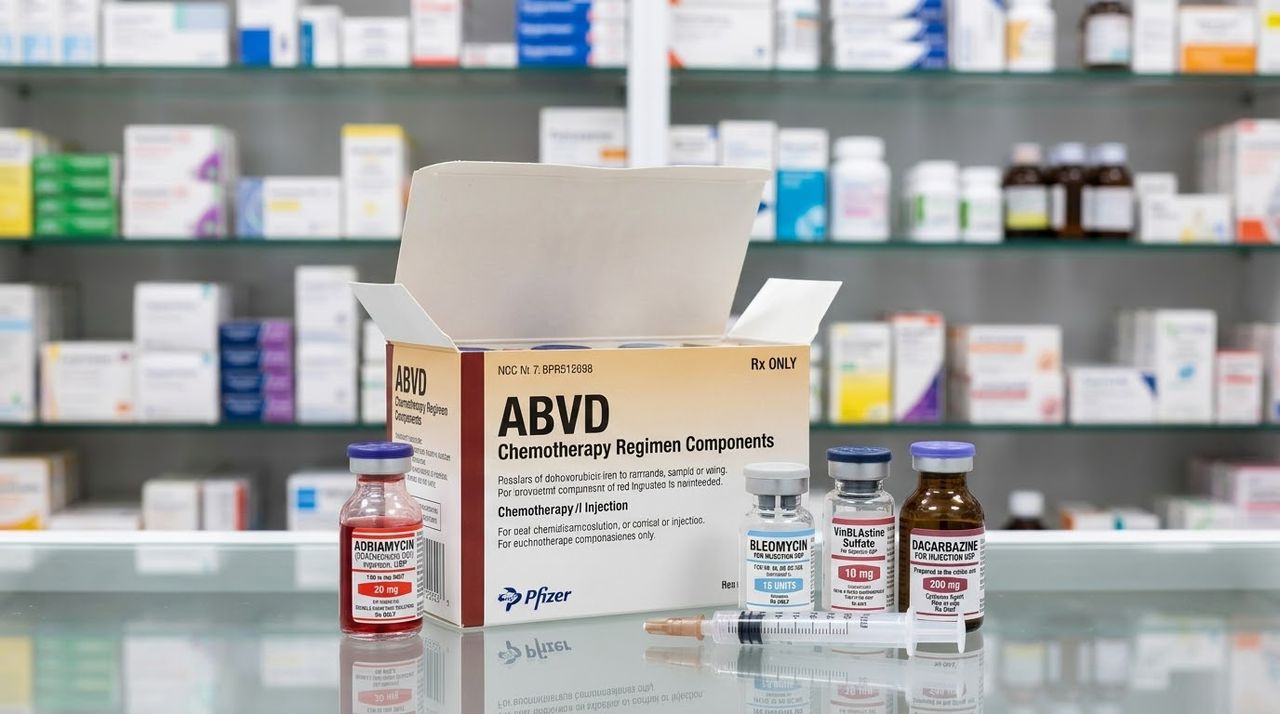 ABVD Chemotherapy Regimen Components box with doxorubicin, bleomycin, vinblastine sulfate, and dacarbazine vials