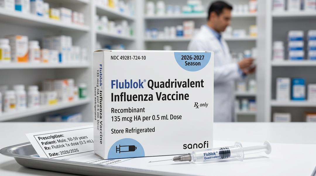 Flublok Quadrivalent Influenza Vaccine box and syringe, Sanofi, 2026-2027 season