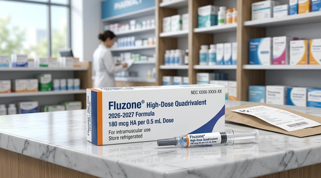 Fluzone High-Dose Quadrivalent 2026-2027 formula box and prefilled syringe