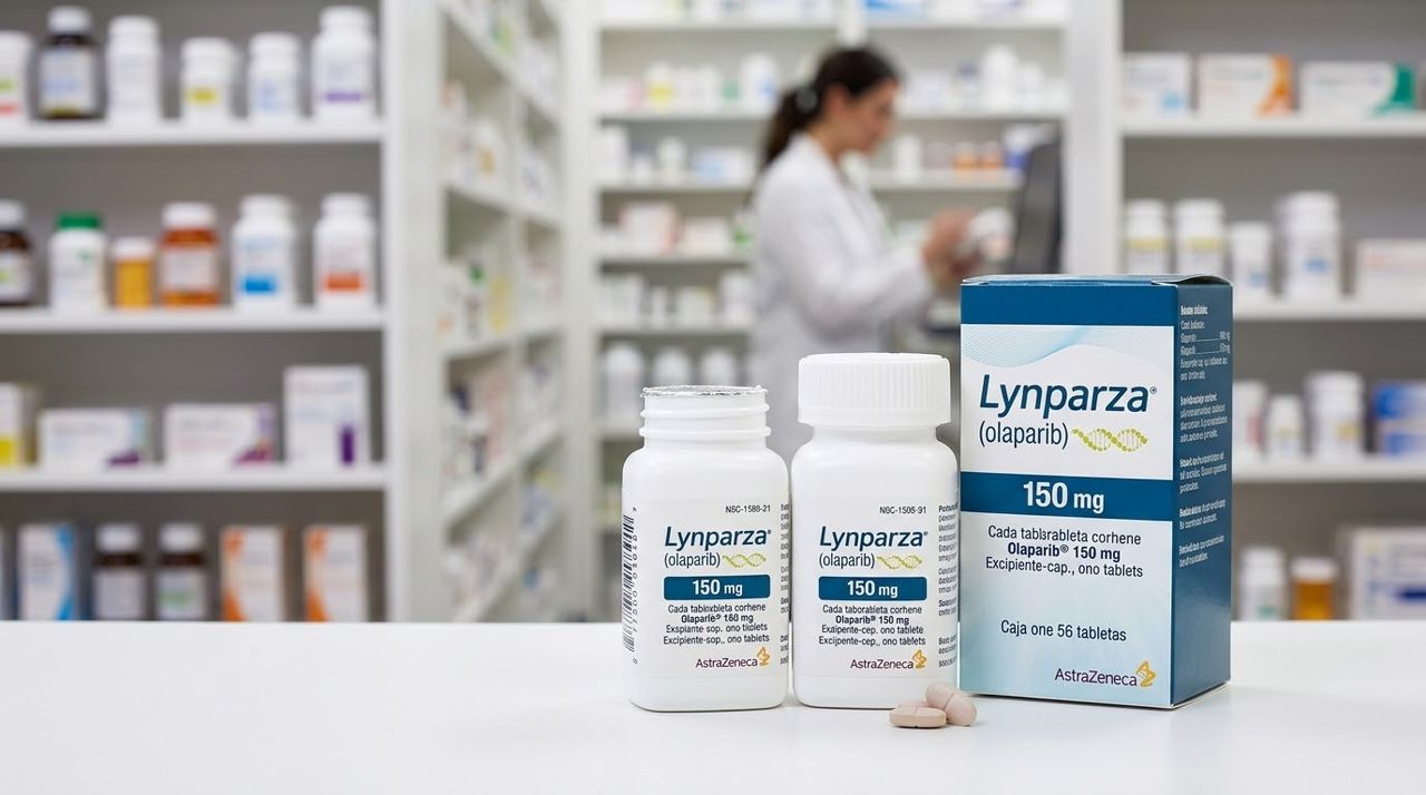 Lynparza olaparib 150mg tablets and bottles, AstraZeneca, pharmacy setting