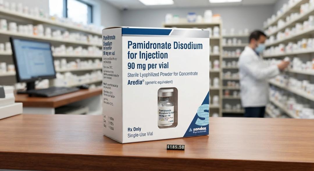 Pamidronate Disodium for Injection 90mg per vial sterile lyophilized powder, Aredia generic equivalent, Sandoz