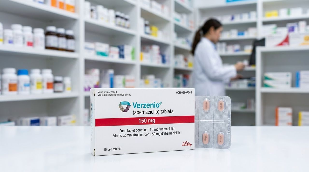 Verzenio abemaciclib 150mg tablets, Eli Lilly, pharmacy pharmacy setting with blister pack
